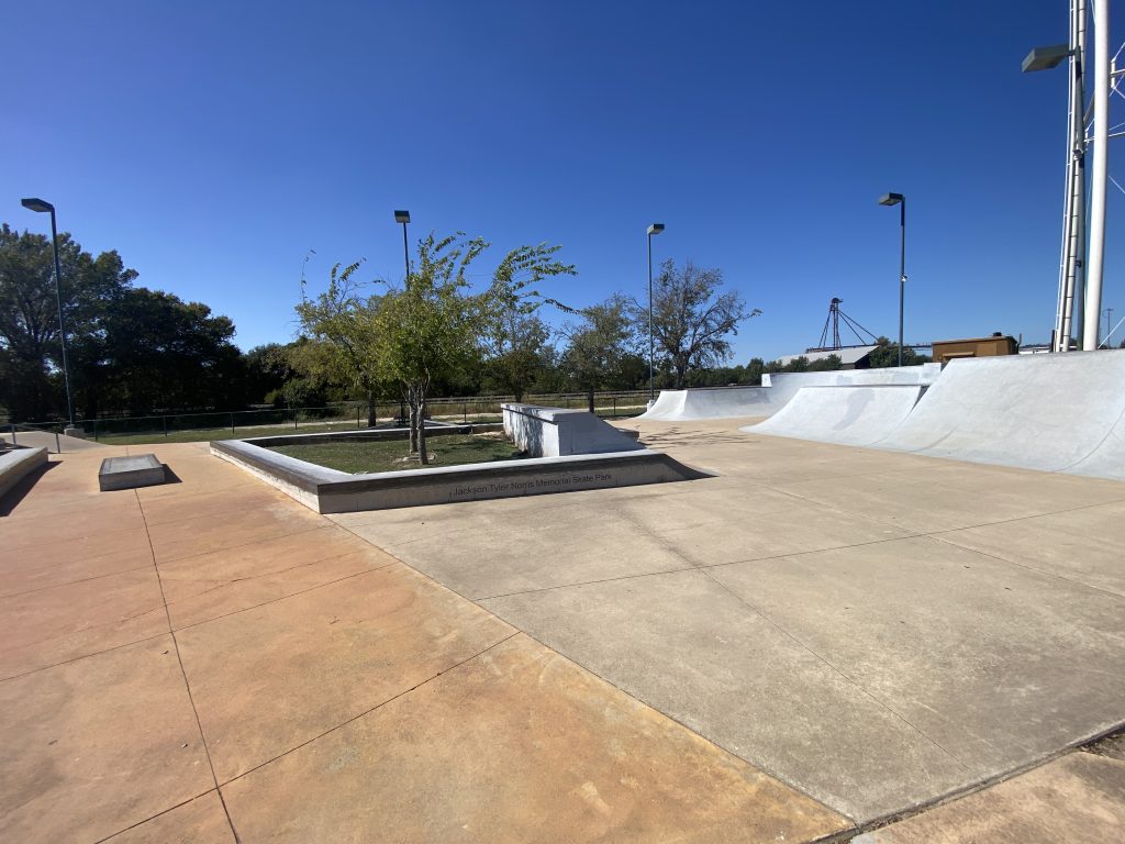 Empty ramps and concrete skating surfaces at Jackson Tyler Norris Memorial Skate Park in Buda.